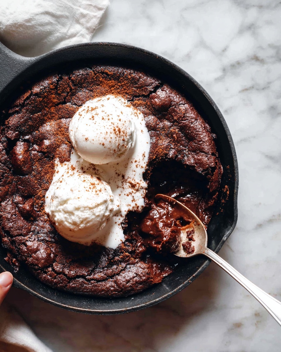 A dark brown, rich chocolate dessert baked in a black cast iron skillet has a slightly cracked and rough surface showing soft, moist texture inside. On top of the dessert, there are three smooth, round scoops of creamy white vanilla ice cream, sprinkled with light brown cocoa powder. Two white spoons rest inside the skillet, one holding a scoop of the dessert revealing its shiny, dense inside. The skillet is placed on a soft white cloth with some cocoa powder spilled beside it, all set on a white marbled surface. Photo taken with an iphone --ar 4:5 --v 7
