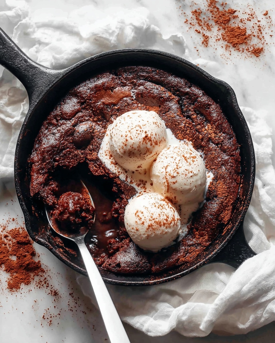 A dark brown, rough textured chocolate dessert sits in a black cast iron pan with a part scooped out, revealing a thick, shiny, and moist chocolate sauce layer underneath. On the right side of the pan, there are two rounded scoops of white ice cream sprinkled with light brown powder, slightly melting into the dessert. A white spoon with some chocolate sauce is dipped into the dessert near the scooped-out part. The pan is placed on a white marbled surface. Photo taken with an iphone --ar 4:5 --v 7