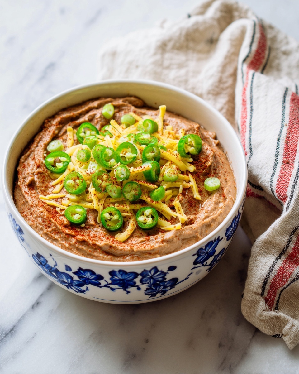 A white bowl with blue floral designs holds a smooth, brown bean dip that fills the bowl almost to the top, forming soft swirls on the surface. On top of the dip are scattered thin strips of melted white cheese, sprinkled with light reddish seasoning. Bright green sliced jalapeños and chopped green onions are placed on the dip, adding color contrast. The bowl sits on a white marbled surface with a blurred fabric in the background. Photo taken with an iphone --ar 4:5 --v 7