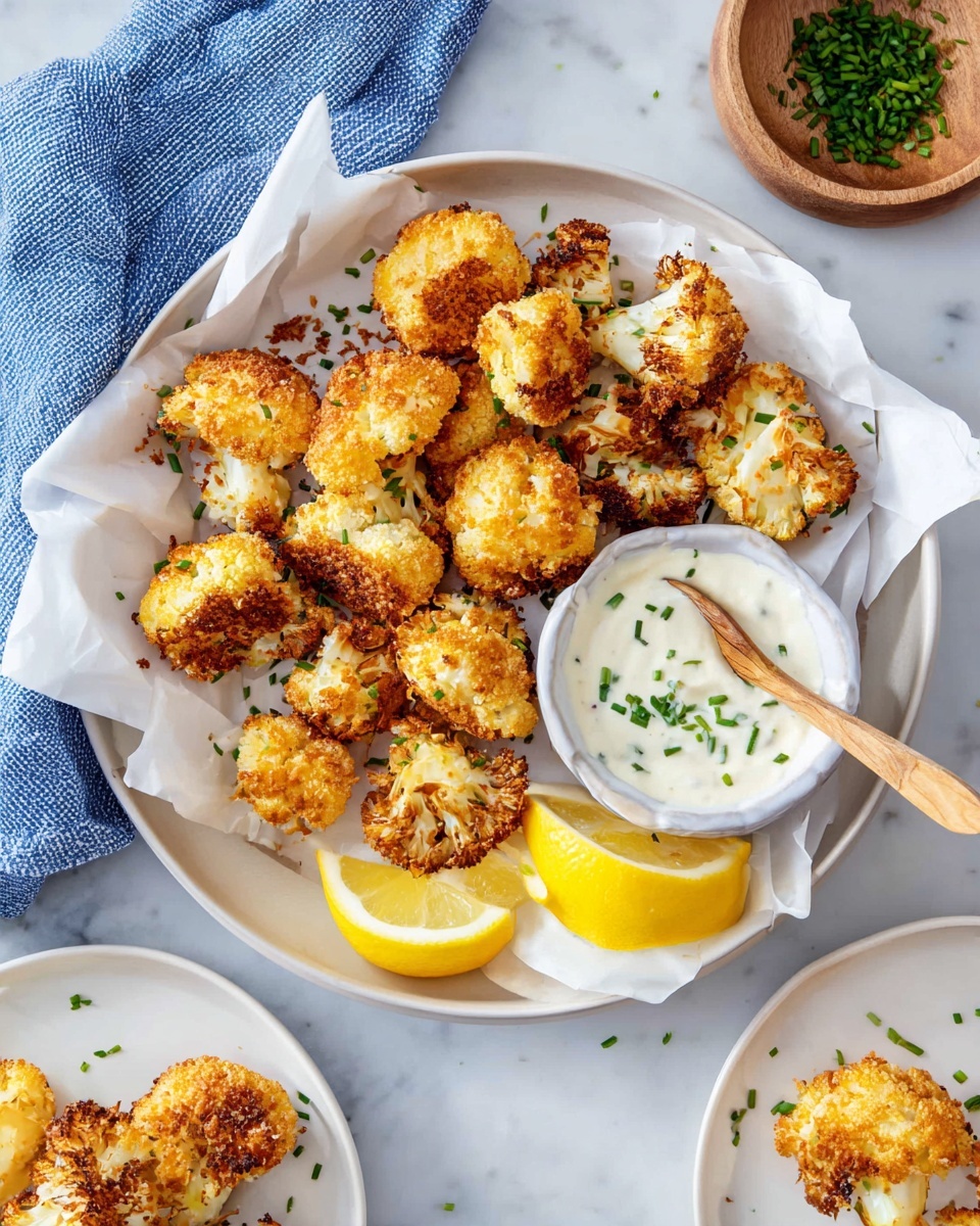 A white round plate with a layer of white parchment paper holds several golden-brown crispy cauliflower pieces with a rough, crunchy texture arranged loosely around a small white bowl of creamy white dipping sauce sprinkled with small green herbs and a wooden spoon resting inside; three bright yellow lemon wedges with visible juicy segments are placed at the front edge of the plate, all set on a white marbled surface with two silver forks lying nearby photo taken with an iphone --ar 4:5 --v 7