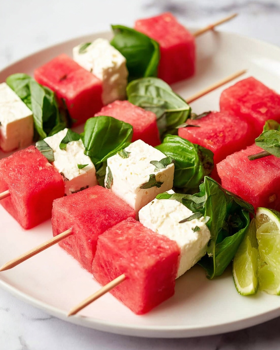 The image shows skewers laid on a white plate, each skewer holding three main layers: bright red watermelon cubes with a smooth texture, fresh green basil leaves with a slightly wrinkled look, and white feta cheese cubes with a firm, but slightly crumbly texture. The watermelon cubes and feta cubes alternate on the skewer, separated by the basil leaves which add a green color in between. In the corner of the plate, there is a lime wedge with a light green, juicy interior. The plate sits on a white marbled surface. photo taken with an iphone --ar 4:5 --v 7
