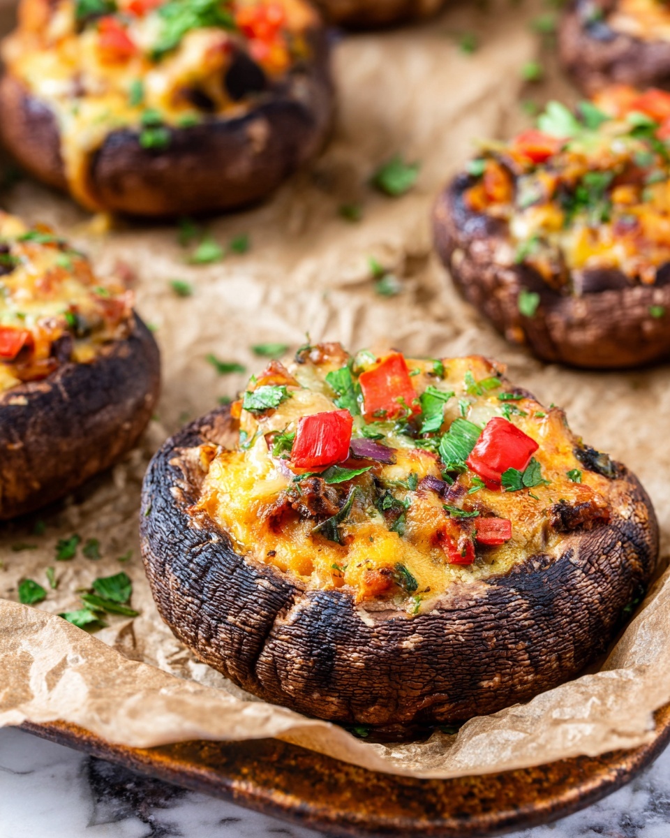 The dish shows large dark brown mushrooms as a base, each stuffed with a creamy, thick mixture made of melted cheese, chopped tomatoes, and green leafy herbs. The mushrooms are cut to reveal the soft, white flesh inside, and the topping is golden with some browning. Small tomato pieces and green herbs are scattered on top and around the mushrooms. The mushrooms sit on a white plate with a slight rim, which is stacked on other similar white plates. The background features a white marbled surface with red tomatoes and green herbs placed around. photo taken with an iphone --ar 4:5 --v 7