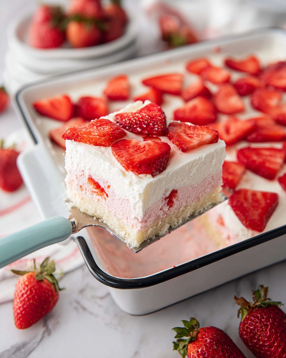 The image shows a square slice of pink and white sponge cake with a soft texture, placed on a white plate. The cake has two layers: the lower part is pink with some white spots, and the top layer is a smooth white cream. On top of the cream are thin slices of red strawberries arranged flat, with a dollop of white whipped cream sitting in the middle. A half strawberry with a green stem is placed upright on the whipped cream. There are whole strawberries visible around the plate, and a white marbled surface in the background. Photo taken with an iphone --ar 4:5 --v 7