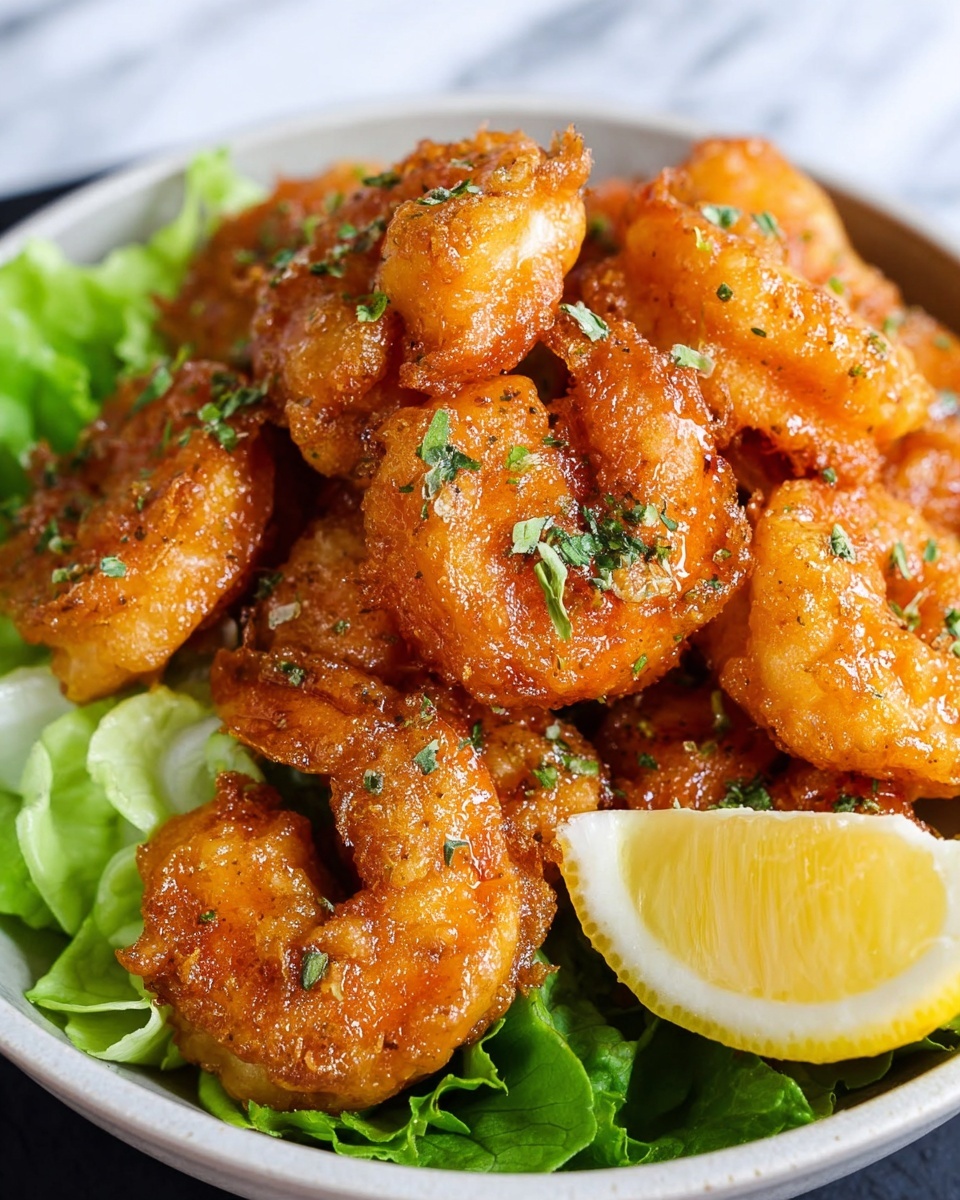 The image shows several pieces of golden-brown fried shrimp stacked together on a bed of fresh green lettuce. The shrimp have a crispy texture and are sprinkled with small green herbs. Next to the shrimp, there is a bright yellow lemon wedge resting on the lettuce. All of this is placed inside a white bowl, set on a white marbled surface. Photo taken with an iphone --ar 4:5 --v 7