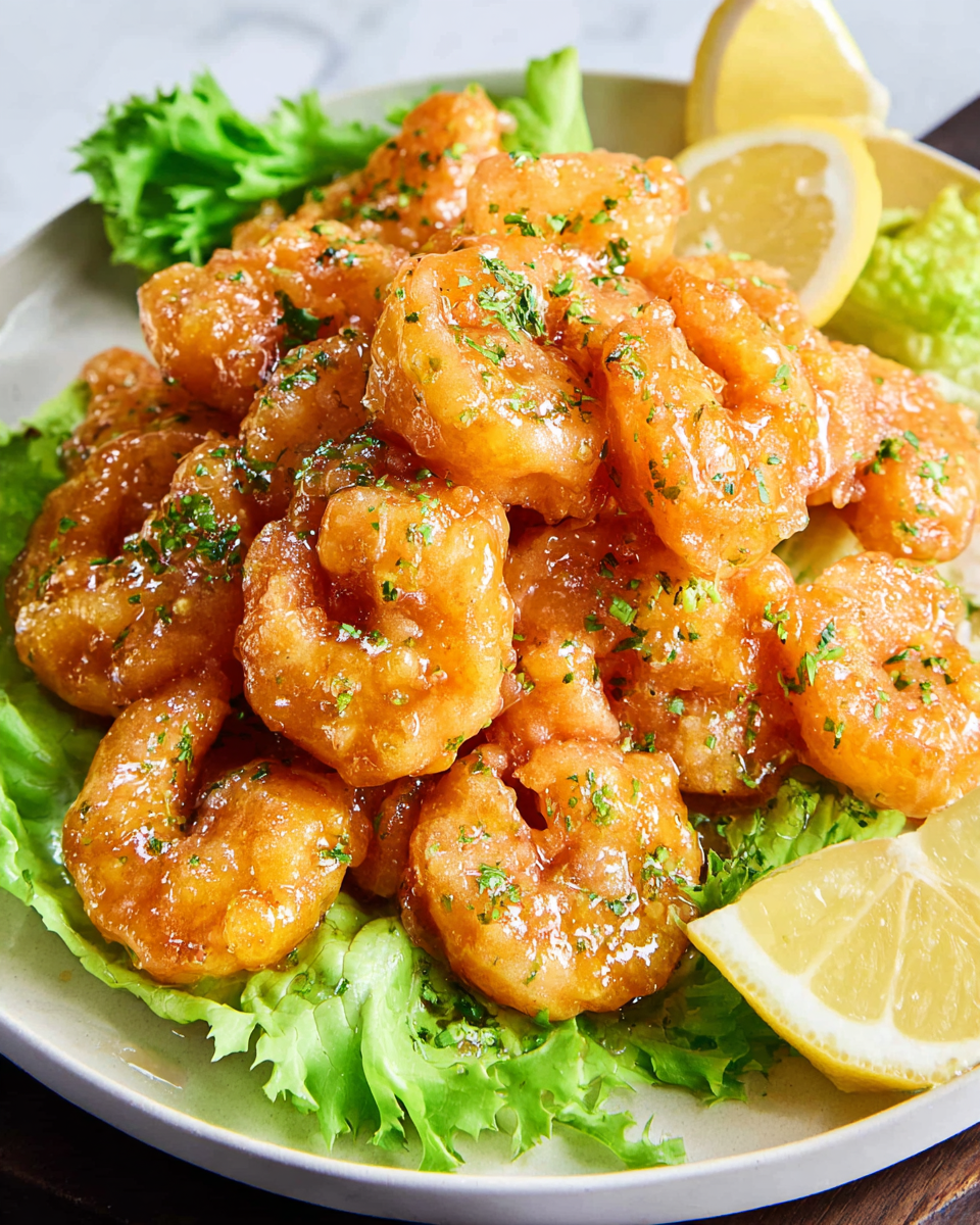 A dark plate holds a pile of orange fried shrimp coated in a shiny sauce tinted with green herbs. Beneath the shrimp, bright green lettuce leaves form a fresh base. Two lemon slices with their pale yellow color rest on the lettuce on either side. A green mint leaf adds extra color on the front edge of the plate. The plate sits on a white marbled surface, next to wooden chopsticks on a small gray chopstick holder, an unopened can, and a whole lemon in the background. Photo taken with an iphone --ar 4:5 --v 7