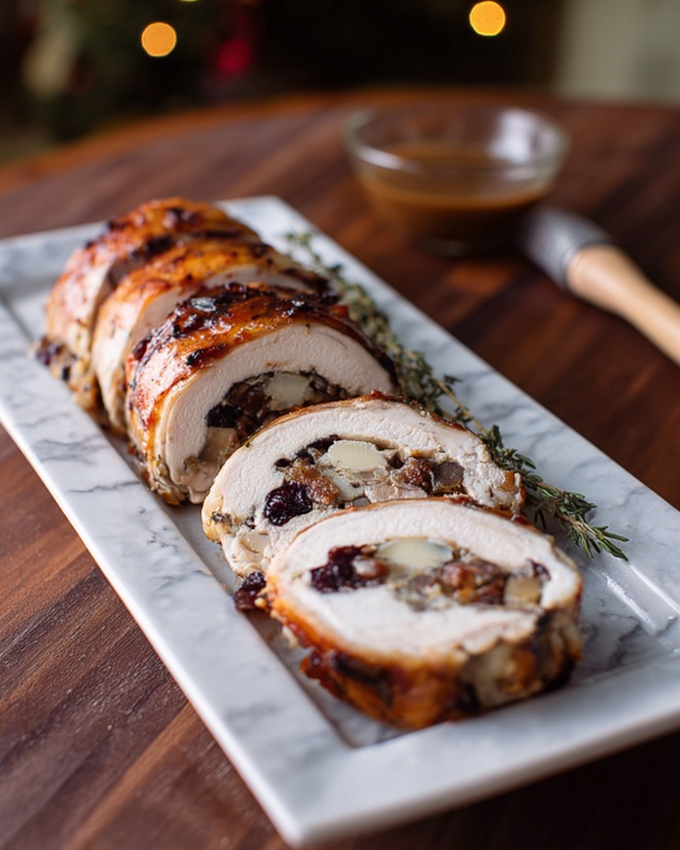 A sliced rolled roast is placed on a long white rectangular plate, showing seven even pieces. The outer layer is a golden brown, crispy skin with visible herbs and seasoning. Inside, the meat is white and moist, filled with a mixture that looks soft and contains small bits of what could be nuts or dried fruit. The plate sits on a white marbled surface, and in the background, a small bowl holds a brown sauce partially visible. A woman's hand is holding the edge of the plate. Photo taken with an iphone --ar 4:5 --v 7