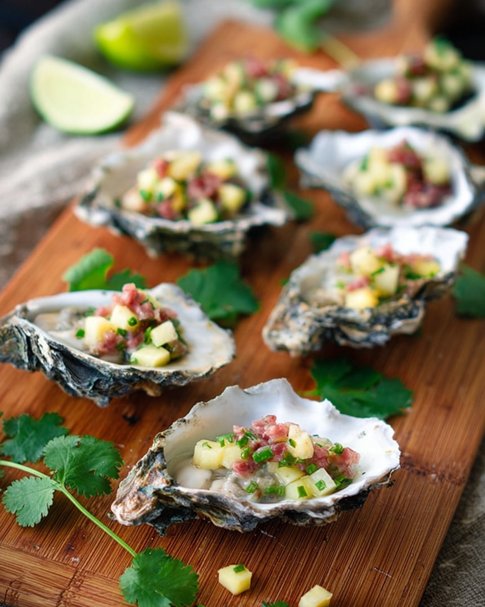 The image shows seven oyster shells arranged on a wooden cutting board with fresh green cilantro leaves scattered around. Each oyster shell holds a topping made of small, diced yellowish cubes mixed with small reddish pieces, creating a colorful contrast on the rough shell surface. The focus is close up, making the texture of the toppings and shells clear. A bright lime wedge appears blurred in the top left background. The setting highlights the natural colors and rustic presentation, with the wooden board adding warmth under the oysters. Photo taken with an iphone --ar 4:5 --v 7