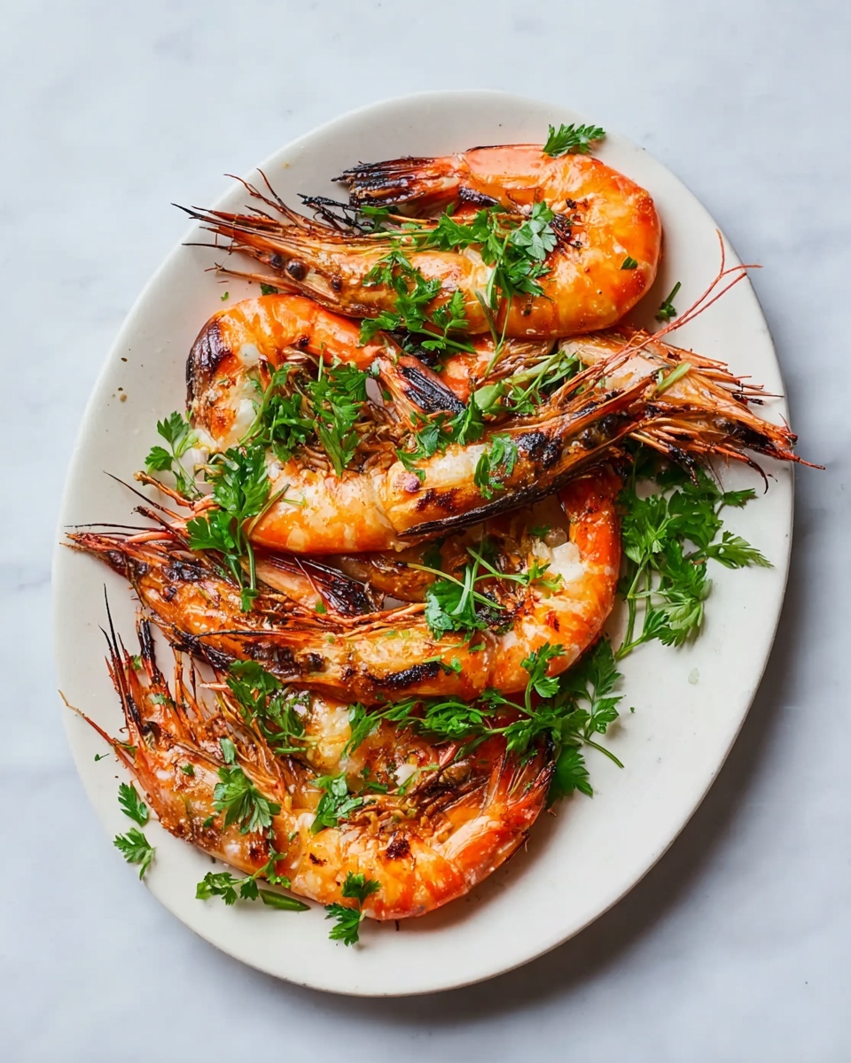 A white oval plate holds a group of six large cooked shrimp with their heads and shells still on. The shrimp have a bright orange color with some black char marks on the shells, showing they are grilled or roasted. Fresh green parsley leaves are scattered over the shrimp, adding a splash of vibrant green on top and around the orange shrimp. The plate is set against a white marbled surface that gives a clean, elegant background. photo taken with an iphone --ar 4:5 --v 7