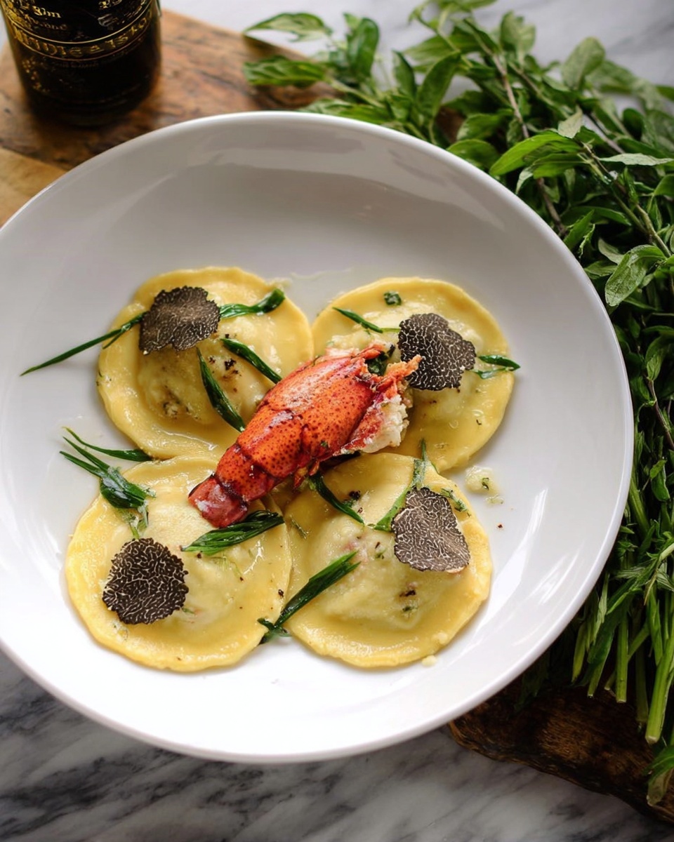A white bowl holds three large, round ravioli pieces with a smooth, pale yellow pasta layer, each stuffed and slightly raised in the middle. On top of the ravioli is a bright red lobster claw, positioned diagonally across the center piece. Scattered around are thin slices of black truffle with a rough, dark textured surface, and slender green tarragon leaves placed between and on the ravioli. The bowl is set on a white marbled surface, with a bunch of fresh green herbs placed on the right side. Photo taken with an iphone --ar 4:5 --v 7
