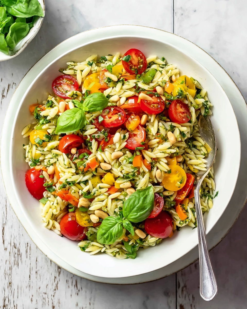 A white bowl filled with a colorful orzo pasta salad sits on a larger white plate, all on a white marbled surface. The salad has three main layers: a base of small, pale yellow orzo pasta mixed with finely chopped green herbs, diced orange and yellow bell peppers, and pine nuts scattered throughout. On top of this base are bright red cherry tomato halves, some with visible seeds, and small slices of green onion. Fresh green basil leaves are layered as the top garnish. A silver spoon rests inside the bowl, partially submerged in the salad. Photo taken with an iphone --ar 4:5 --v 7