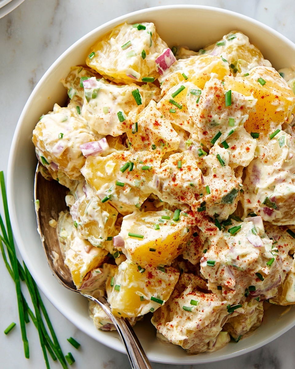 A close-up view of a creamy potato salad in a white bowl sitting on a white marbled surface. The salad has roughly three layers: large chunks of yellow potatoes coated with a thick, creamy white dressing mixed with small pieces of red onion and pickles. The salad is sprinkled with finely chopped green chives and a dusting of reddish paprika, adding a touch of color. A silver spoon is partially buried in the salad, showing some dressing and potato pieces on it. There are a few chives scattered around the bowl on the surface. photo taken with an iphone --ar 4:5 --v 7