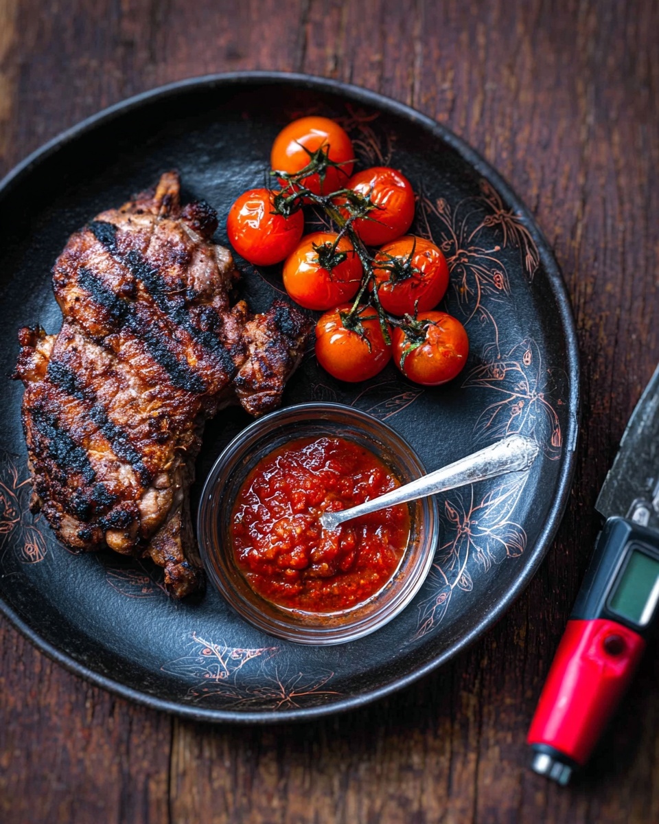 A round dark plate holds a dish with thinly sliced roasted meat arranged in a semi-circle on the bottom half, each slice showing a light brown color with some yellow pieces inside. Above the meat is a small glass jar filled with a thick reddish-brown sauce with a small spoon. To the top left, there is a cluster of shiny bright red cherry tomatoes still on the vine, showing some roasted texture. The round plate is sitting on a white marbled surface. Photo taken with an iphone --ar 4:5 --v 7