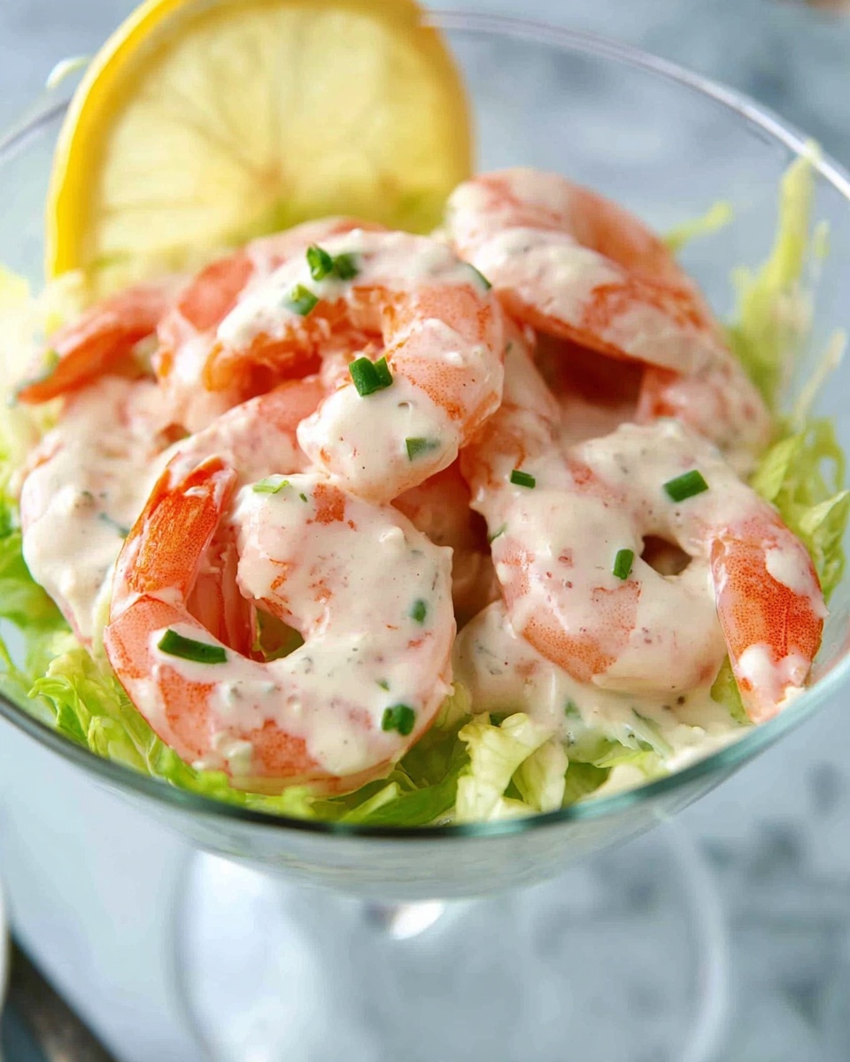 The image shows a white glass bowl filled with layers of light green shredded lettuce at the bottom, topped with several large pink shrimp evenly placed on top. The shrimp are covered with a creamy light pink sauce that has small green herb pieces sprinkled over it. A thin yellow lemon slice leans on the side of the bowl. The bowl sits on a white marbled surface with a blurred background that includes a glass of clear liquid. Photo taken with an iphone --ar 4:5 --v 7