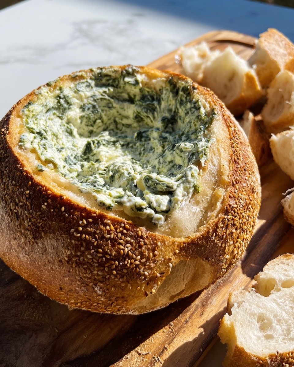 A round bread bowl with a sesame seed crust, hollowed out in the center to hold a thick, creamy green and white dip mixed with leafy textures. The inside edge of the bread bowl is white and soft, contrasting with the golden brown crust. To the right, there are several pieces of torn bread with a soft white inside resting on a wooden board. The whole scene is set on a white marbled surface, with natural sunlight highlighting the textures and colors. photo taken with an iphone --ar 4:5 --v 7
