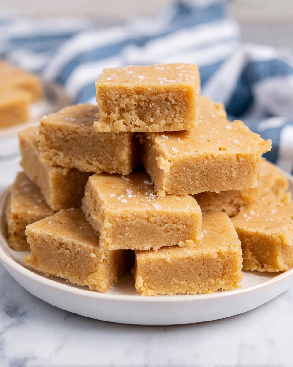 A white plate holds a stacked pile of light golden-brown bars, each about a square shape with slightly crumbly edges and a soft, dense texture. The bars have a uniform thickness and look moist inside but firm outside, with a delicate sugar-crystal coating on top that gives a slight sparkle. The background shows a white marbled surface with a blue and white striped cloth nearby. Photo taken with an iphone --ar 4:5 --v 7