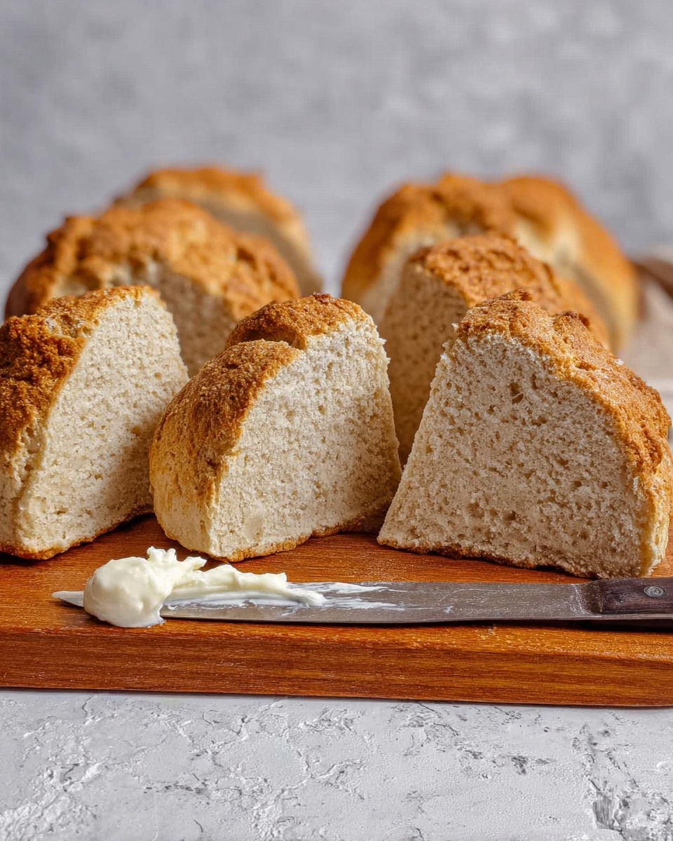 The image shows six pieces of baked bread with a rough golden brown crust on the outside and a soft light beige inside texture. The bread is split into separate wedge shapes standing upright on a wooden board. In front of the bread on the wooden board, there is a silver knife with white cream on the tip. The background has a white marbled texture. Photo taken with an iphone --ar 4:5 --v 7