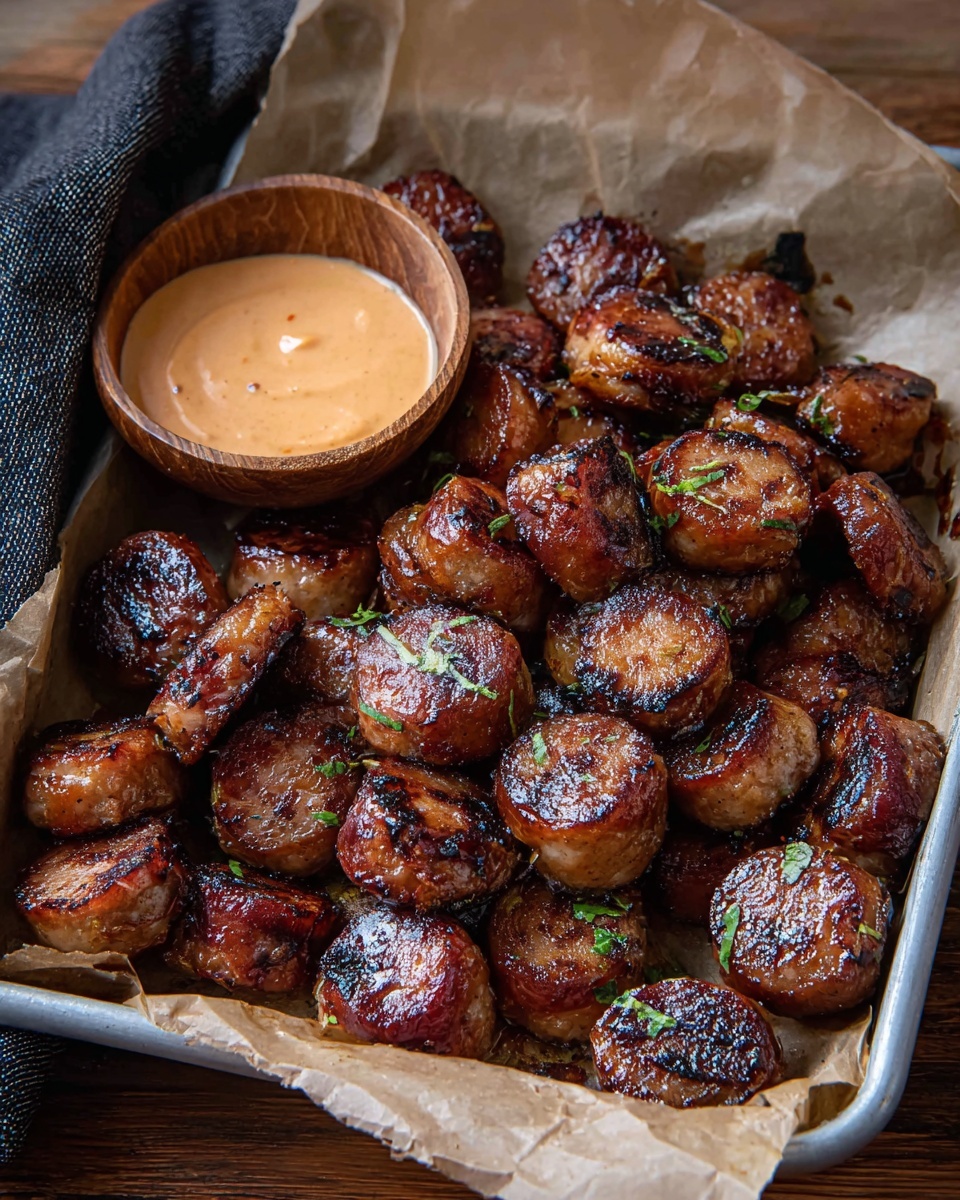 A close-up shows a small piece of dark reddish-brown grilled meat with a shiny, slightly charred texture, held by a woman’s hand using a toothpick. The meat is dipped into a creamy light orange sauce with specks of red seasoning, filling a small round wooden bowl. The background is filled with more pieces of the same meat, creating a rich, warm, and appetizing scene on a white marbled surface. Photo taken with an iphone --ar 4:5 --v 7
