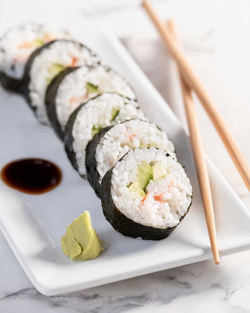 A close-up view of a sushi roll held by a pair of light wooden chopsticks, showing three main layers: a dark green seaweed outer wrap, a thick inner layer of white, sticky rice, and inside the rice, fresh fillings including a piece of light pink shrimp and crisp pale green cucumber slices. The sushi is placed on a white plate with two other similar sushi pieces resting side by side in the background, along with a small dish of dark brown soy sauce and a small dollop of light green wasabi on a white marbled surface. Photo taken with an iphone --ar 4:5 --v 7