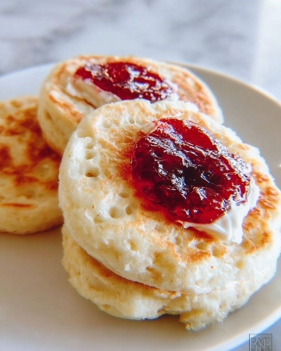 The image shows a close-up of three small, thick pancakes stacked slightly overlapping on a white plate. The pancakes have a light golden-brown color and a fluffy texture with small holes on the surface. On the top pancake, there is a dollop of white cream with glossy red jam spread over it, creating a rich, smooth look with contrasts between the creamy white and shiny red. The plate sits on a white marbled surface, and the edges of the pancakes are slightly uneven, enhancing their homemade feel. photo taken with an iphone --ar 4:5 --v 7