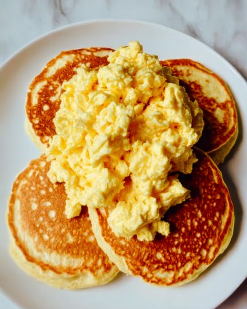 The image shows a white plate on a white marbled surface with three thick, round golden brown pancakes arranged in a triangular shape. On top of the pancakes, there is a generous pile of fluffy scrambled eggs with a soft yellow color, slightly uneven in texture, covering the center of the pancake stack. The pancakes have a light crispy edge and a soft interior texture visible on the sides. The dish looks warm and inviting. Photo taken with an iphone --ar 4:5 --v 7
