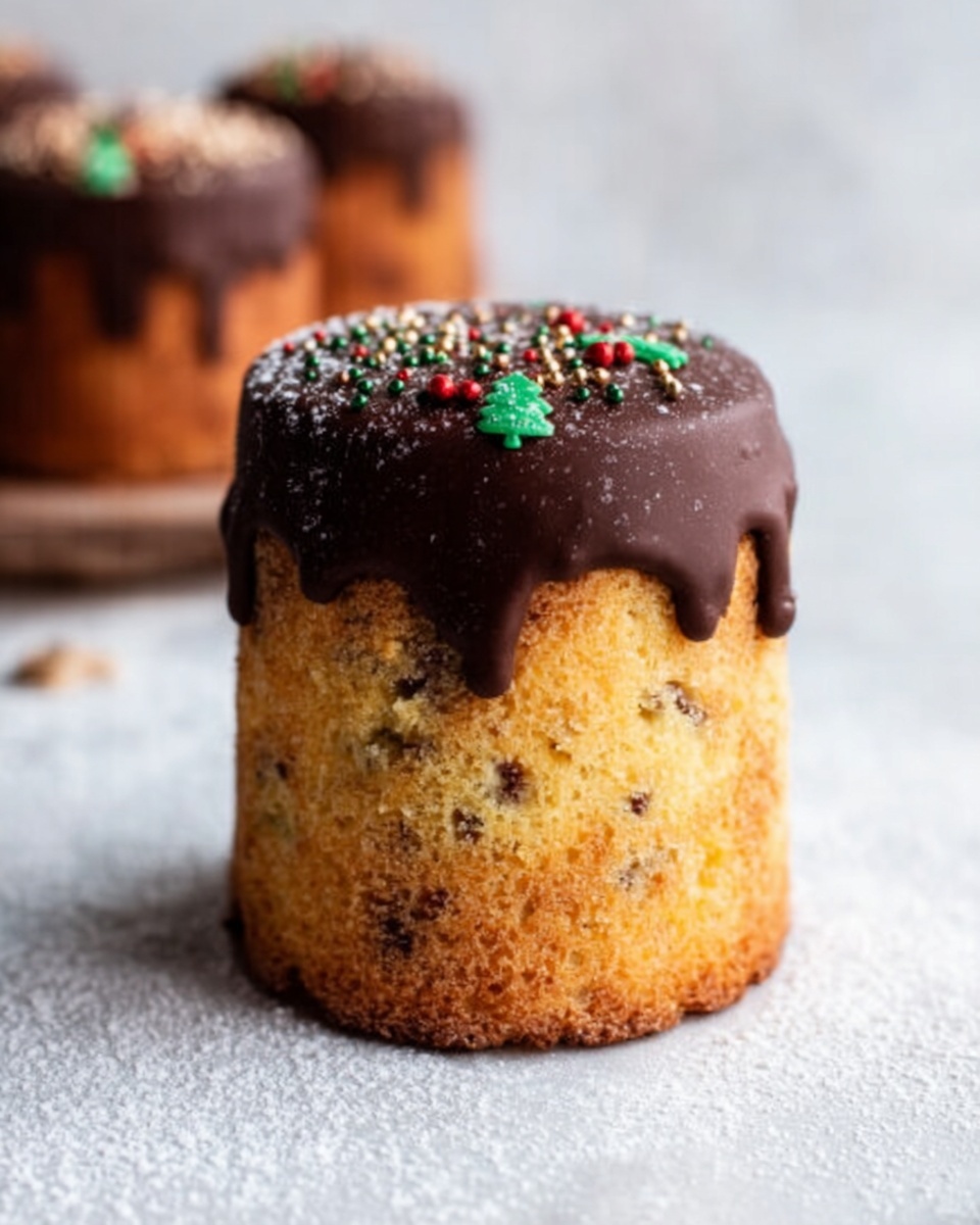 A close-up photo of a single slice of sweet bread with three layers: a light brown, slightly crispy outer crust, a fluffy yellow inner bread layer dotted with small pieces of dried fruit, and a thick, creamy light brown filling in the center with a visible dark berry embedded in it. The top of the slice is covered with a smooth, dark chocolate layer sprinkled with small crunchy bits. The slice sits on a white plate with colorful, delicate floral patterns and a silver spoon beside it. The background shows soft warm lights with a blurry small green Christmas tree on the left side, all set on a white marbled surface sprinkled lightly with powdered sugar. photo taken with an iphone --ar 4:5 --v 7