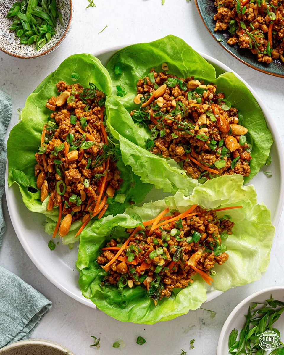 Three large bright green lettuce leaves are laid flat on a white plate, each holding a generous scoop of cooked ground meat mixed with thin orange carrot strips, lightly toasted nuts, and chopped green onions. The meat mixture has a rich brown color with a slightly glossy texture. The lettuce leaves’ edges are slightly ruffled, providing a fresh, crisp contrast to the warm filling. Small green herbs are sprinkled on top and around the plate, adding a touch of freshness. The plate sits on a white marbled surface, with a few small bowls of green herbs nearby. photo taken with an iphone --ar 4:5 --v 7