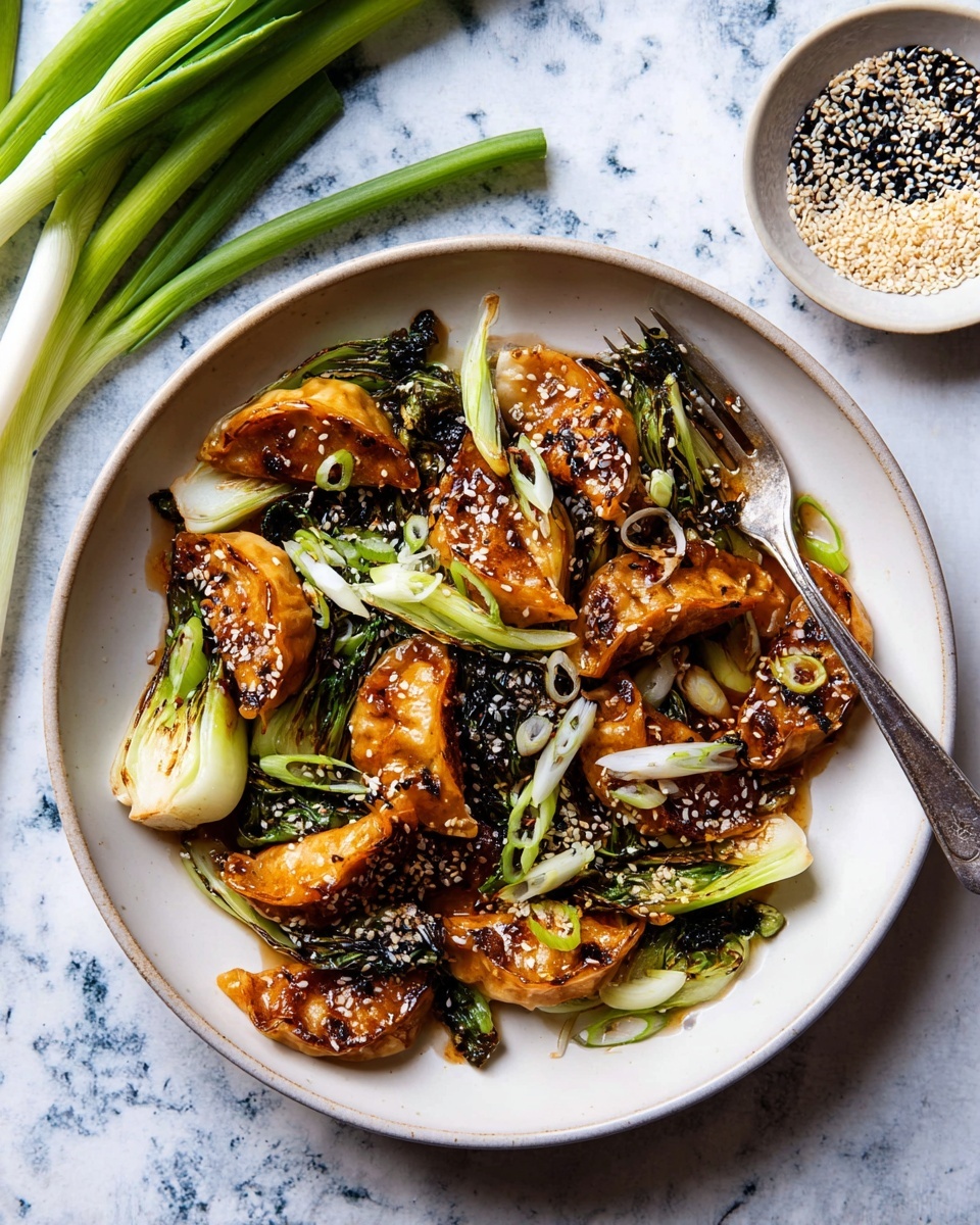 A white plate holds a dish with about seven golden-brown dumplings covered in a shiny dark brown sauce. Under and around the dumplings are several green baby bok choy pieces, some charred in places, with bright green sliced scallions sprinkled on top. White and black sesame seeds are scattered across the entire dish. To the right side of the plate is a silver fork resting inside. The plate sits on a white marbled surface with green spring onions at the top left and a small white bowl with mixed black and white sesame seeds at the top right. photo taken with an iphone --ar 4:5 --v 7