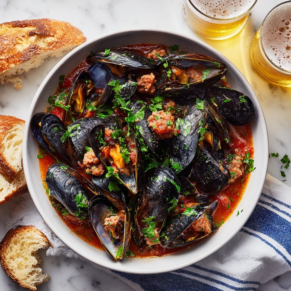 A white bowl filled with dark blue-black mussels partially opened, sitting in a reddish-brown broth with small chunks of light brown sausage and bits of cooked onion and tomato. The dish is sprinkled with bright green chopped parsley. The bowl is placed on a white and blue striped cloth on a white marbled surface, alongside pieces of light brown torn bread and bright green fresh parsley. In the background, there are two glasses of golden beer with white foam on top. photo taken with an iphone --ar 4:5 --v 7