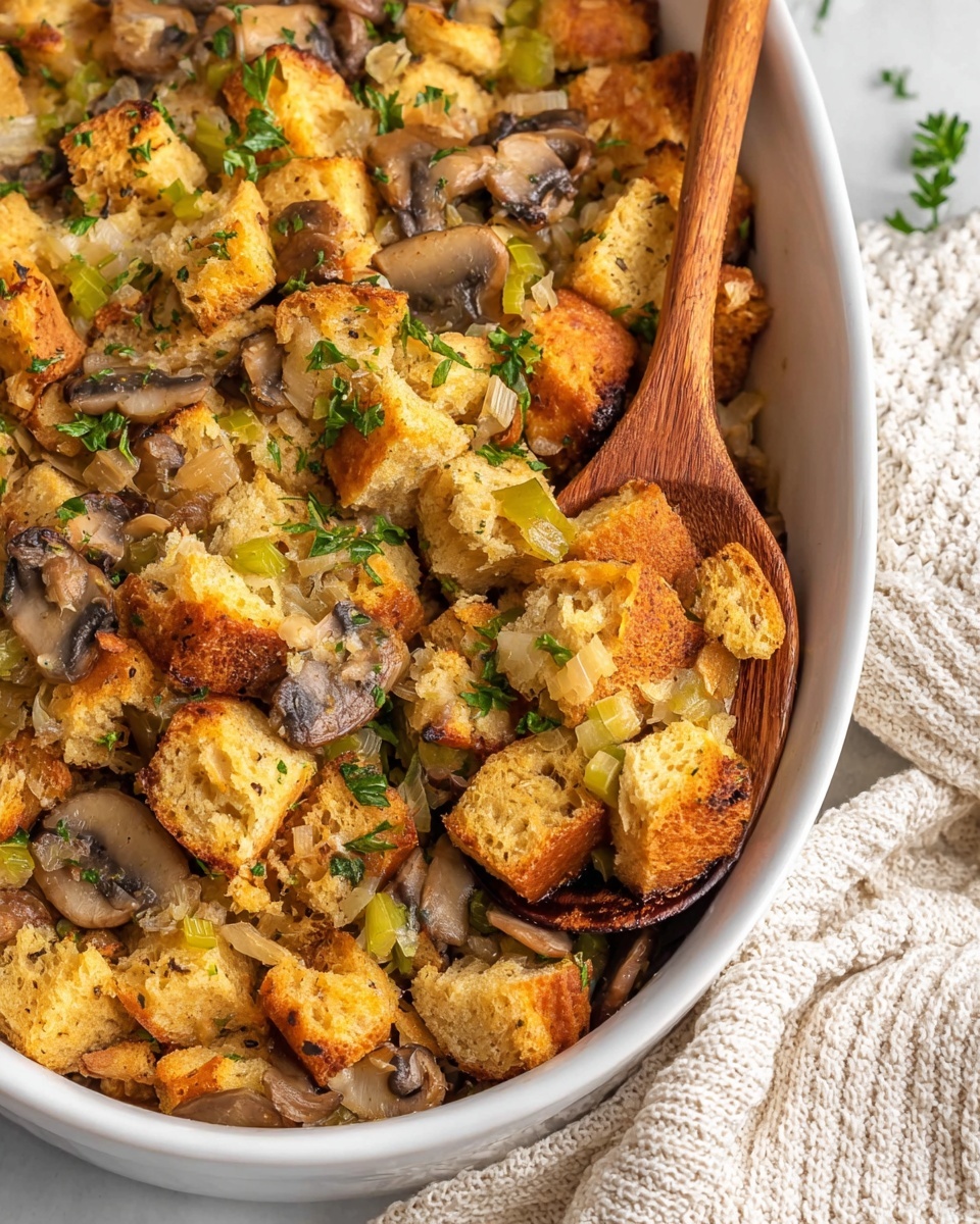 The dish inside a white casserole dish is made of three main layers: at the base, there are golden brown toasted bread cubes with a crispy texture, scattered unevenly throughout. Mixed in and partially covering the bread cubes are soft, light brown sautéed mushroom slices and translucent, slightly cooked white onion pieces. Small pieces of celery, light green in color with a slightly firm texture, are spread evenly across the top. Fresh green parsley flakes are sprinkled throughout the dish, adding small touches of bright color. A wooden spoon rests on the right side inside the dish, partially lifting some of the stuffing mixture. The whole scene is set against a white marbled texture surface with a soft knit fabric to the upper right side. Photo taken with an iphone --ar 4:5 --v 7