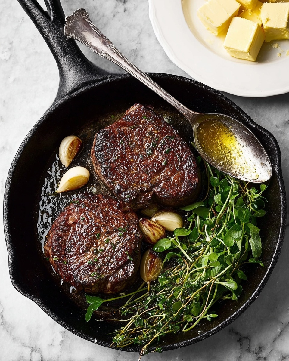 A black cast iron pan holds two thick, dark brown cooked pieces of meat, each with a seared, textured surface on top. Around the meat, there are several whole cloves of light beige garlic and bright green sprigs of fresh herbs with vibrant leaves lying flat. A silver spoon with shiny melted butter and seasoning rests on the edge of one meat piece. In the upper right, a white plate with chunks of pale yellow butter and more garlic cloves rests partially visible. The scene is set on a white marbled surface. Photo taken with an iphone --ar 4:5 --v 7