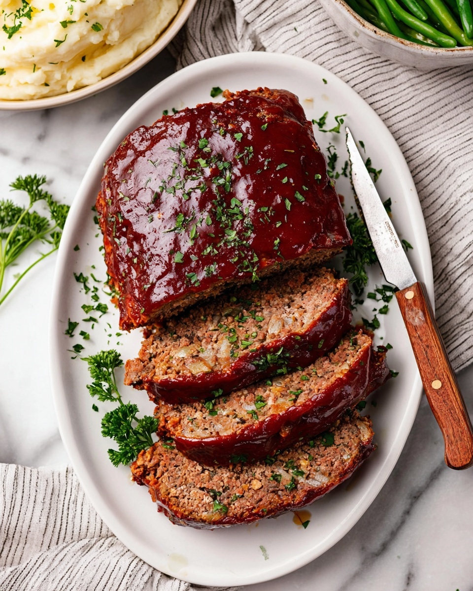 A white oval plate holds a sliced meatloaf with a shiny dark brown glaze on top. The meatloaf is cut into four thick slices, showing a textured inside with bits of onions and herbs visible. Bright green parsley pieces are sprinkled over the meatloaf and plate. To the right of the meatloaf, a knife with a wooden handle rests on the plate. The plate is set on a white marbled surface with a striped cloth nearby, and partially visible are side dishes including mashed potatoes and green vegetables. photo taken with an iphone --ar 4:5 --v 7