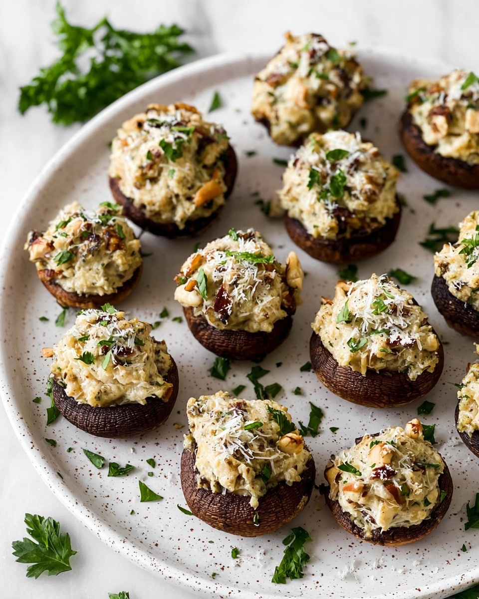 The image shows a white plate with a speckled edge holding ten stuffed mushrooms arranged in a scattered pattern. Each mushroom cap is dark brown with a textured surface and is filled with a thick stuffing made of creamy light beige and white elements mixed with small chunks of nuts and herbs. The stuffing is topped with grated white cheese and chopped green parsley, creating a colorful contrast. Some parsley leaves are also scattered on the white marbled surface around the plate. The overall look is fresh and appetizing, with a clean presentation. Photo taken with an iphone --ar 4:5 --v 7