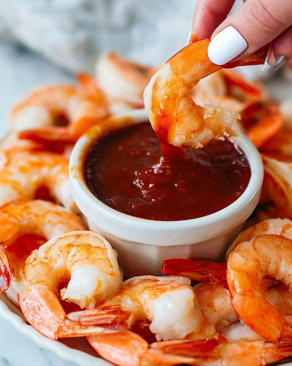 A close-up image shows a three-layer scene with cooked shrimp arranged in a circular pattern on a white marbled surface as the bottom layer. The middle layer features a small white bowl filled with thick, dark reddish-brown sauce placed in the center of the shrimp circle. The top layer shows a woman's hand holding one shrimp dipped halfway into the sauce, with the shrimp's orange and white body glistening with sauce, and the woman's nails painted white. The overall colors include the orange and white of the shrimp, dark red of the sauce, and the white marbled surface. photo taken with an iphone --ar 4:5 --v 7
