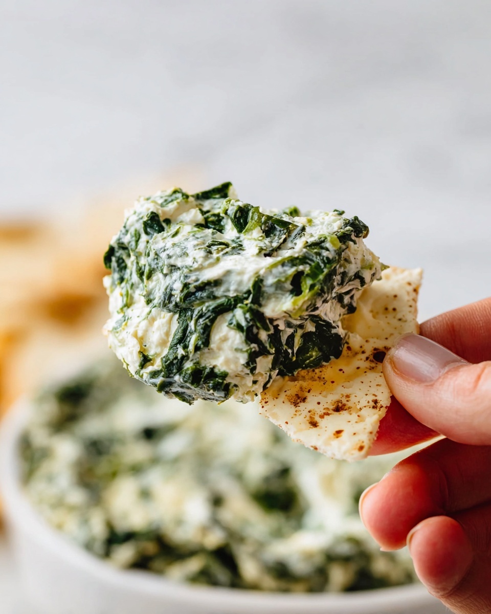 A close-up view shows a white chip holding a thick scoop of creamy spinach dip. The dip has two layers: the base is smooth and white from cheese or cream, and the top layer is a mix of bright and dark green spinach pieces. The dip is richly textured, with leafy spinach strands visible, sitting on a white chip with a slightly rough surface and small brown spots. In the background, there is a white bowl filled with more of the green and white spinach dip on a white marbled surface. A woman's hand holds the chip gently from the right side of the image. photo taken with an iphone --ar 4:5 --v 7