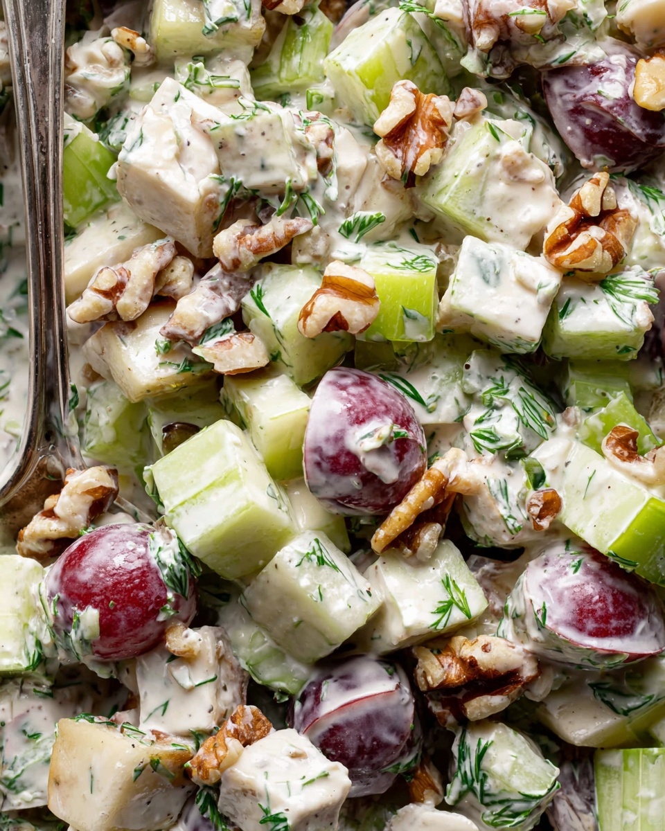 The image shows a creamy salad with several layers of different ingredients mixed together. There are light green celery pieces cut into small sections, white cheese cubes with bits of green herbs on them, and red grape halves with white creamy dressing covering parts of the salad. There are also whole walnut pieces adding a rough texture, scattered evenly across the salad. Small green herb bits are spread throughout, blending with the creamy white dressing that coats everything. The mixture is shown close up, with a silver spoon partially visible on the left side. The background has a white marbled texture. photo taken with an iphone --ar 4:5 --v 7