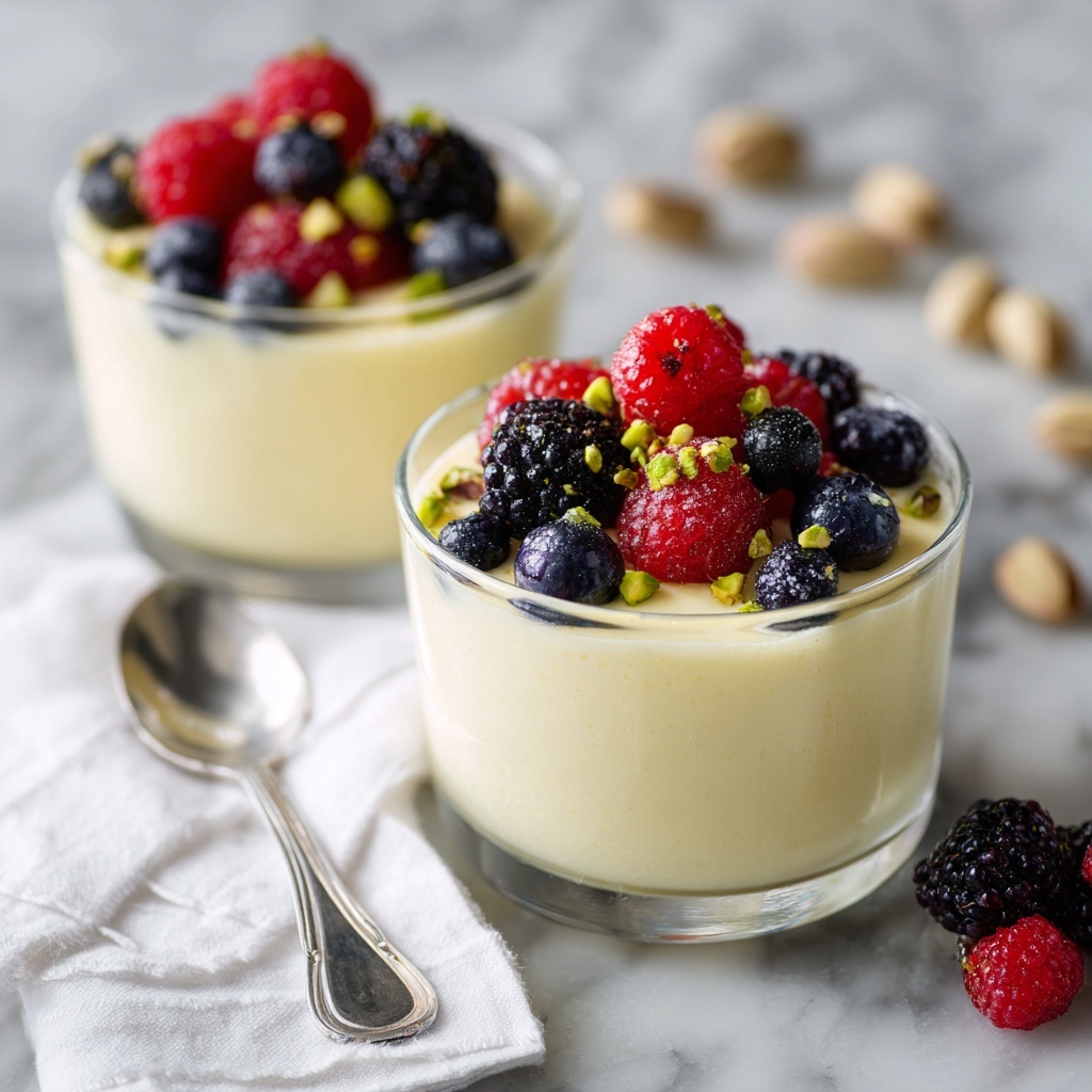 The image shows a clear round glass filled with three layers: the bottom two-thirds is creamy pale yellow mousse with a smooth texture, topped with a small cluster of fresh berries including dark blackberries, bright red raspberries, and deep blue blueberries, along with a few small chopped green pistachio pieces scattered on top. It is placed on a white marbled surface with a soft natural light that highlights the creamy texture and vibrant colors of the berries. Nearby, parts of two more similar glasses are visible, one in the background and one slightly out of focus, with a silver spoon lying on the surface close to the main glass. Photo taken with an iphone --ar 4:5 --v 7