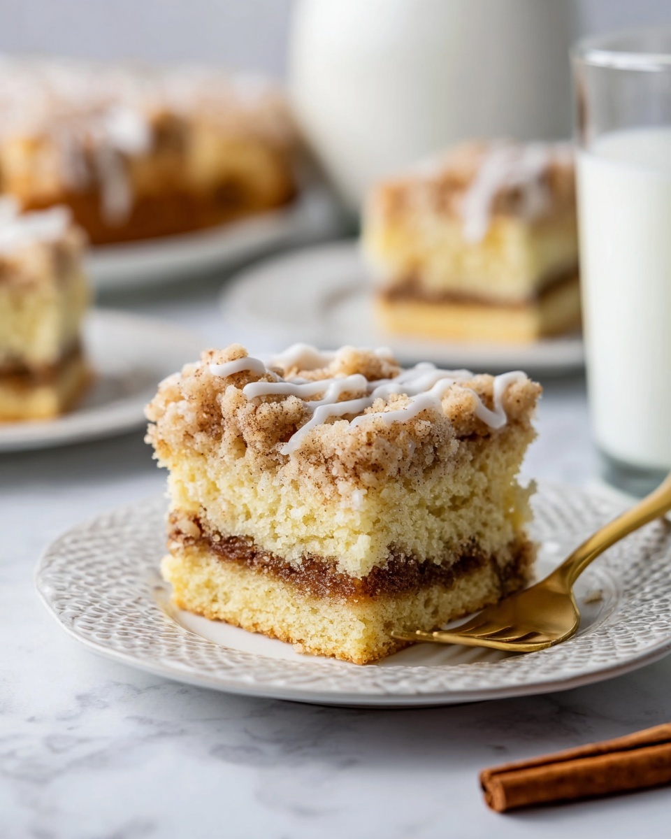 The image shows a square piece of crumb cake on a white patterned plate placed on a white marbled surface. The cake has three layers: a light yellow soft cake base, a thin middle layer of brown cinnamon filling, and a top layer of crumbly, golden-brown streusel with a drizzle of white icing. In the background, out of focus, there are more pieces of crumb cake on similar white plates and a tall glass of milk. A golden fork holds a small piece of cake near the front of the image, and a cinnamon stick lies on the white marbled surface to the right. Photo taken with an iphone --ar 4:5 --v 7