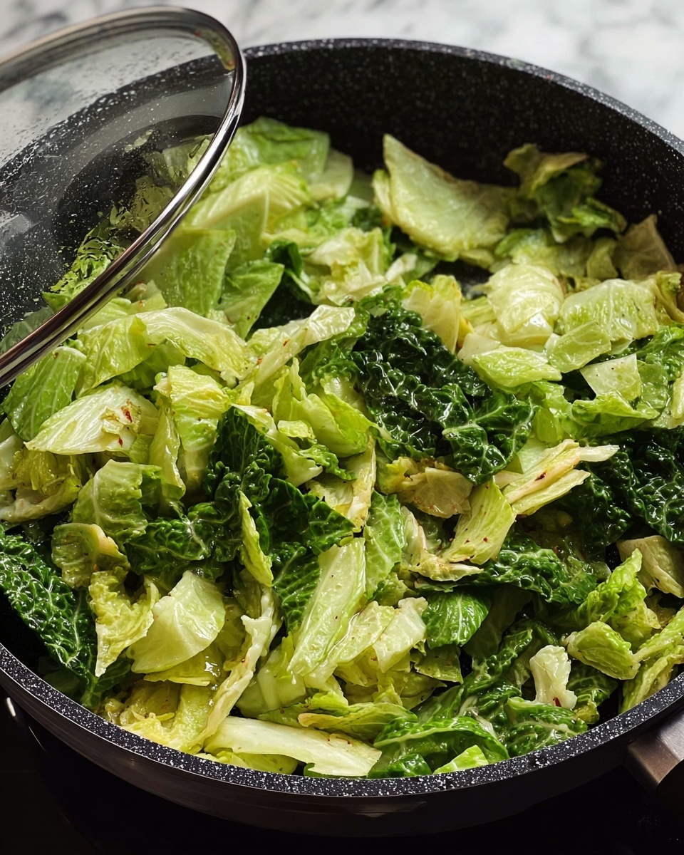 A close-up shot of cooked chopped cabbage in a black pan, showing layers of light green and dark green cabbage leaves with a slightly shiny, soft texture, some brown caramelized spots, and small seeds scattered on top, all on a white marbled background. photo taken with an iphone --ar 4:5 --v 7