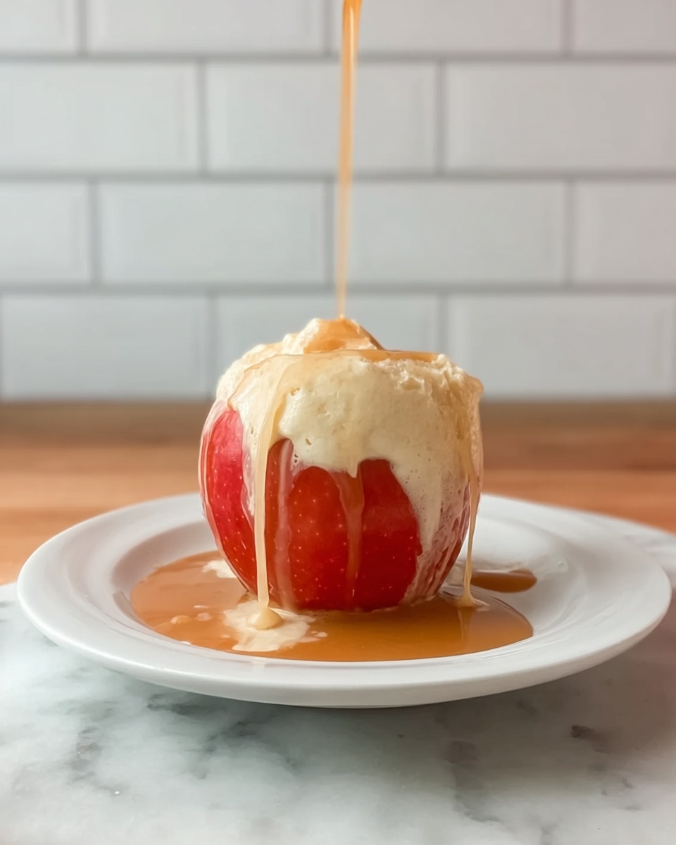 A single red apple is placed in the center of a white plate. The apple has a soft white topping on it, which looks creamy and thick. Light brown syrup is being poured from above onto the top of the apple, running down its sides and spreading in a puddle on the plate around it. The scene is set on a white marbled surface with a white tiled wall in the background. photo taken with an iphone --ar 4:5 --v 7