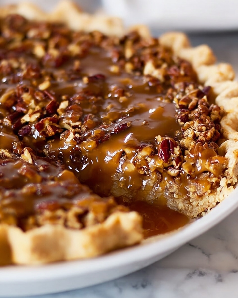 A close-up photo of a pie on a white plate, placed on a white marbled surface. The pie has a golden, flaky crust with a fluted edge that surrounds a filling layer covered with chopped pecans and a thick, glossy caramel sauce dripping over the top. The texture of the filling looks soft and slightly crumbly beneath the nuts and sauce. The rich colors of caramel brown and dark brown nuts contrast with the light crust and white plate, creating a warm and inviting look. Photo taken with an iphone --ar 4:5 --v 7