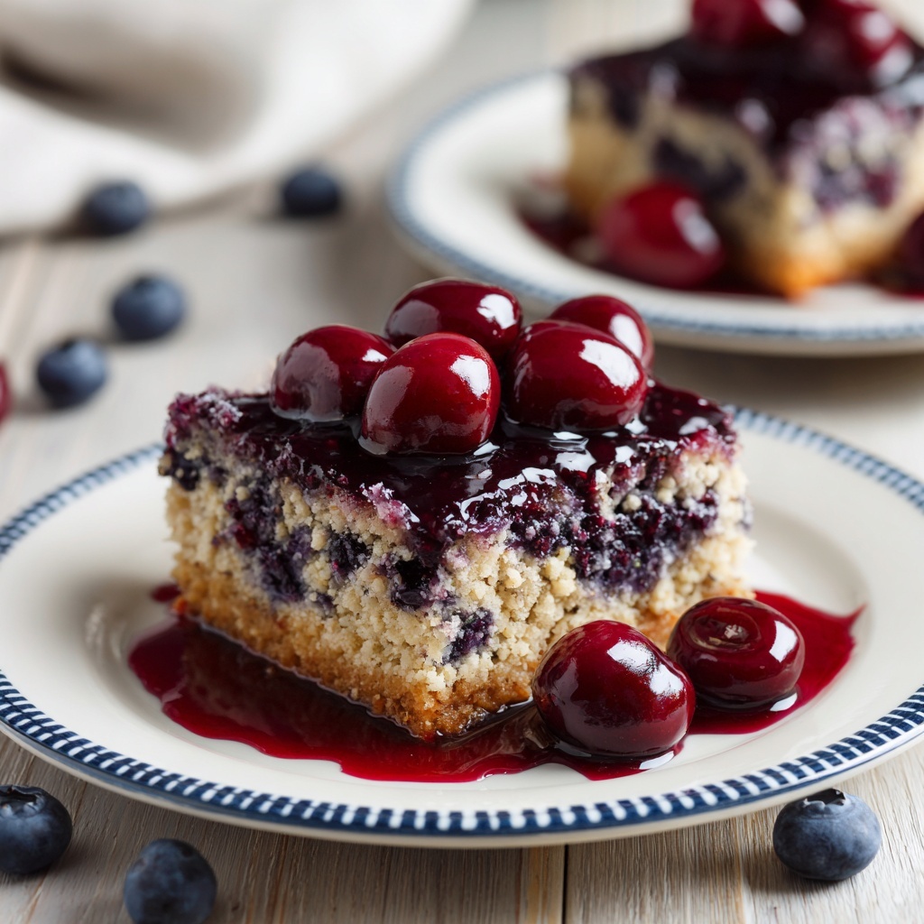 Two white plates with blue and teal patterned rims hold square pieces of blueberry cake topped with a bright red cherry sauce. Each cake square is light brown with visible blueberries baked inside. The thick cherry sauce pools around the cake pieces and has whole cherries sitting on top. The plates rest on a wooden surface scattered with fresh blueberries around them. The lighting is soft and natural, making the fruit colors pop. photo taken with an iphone --ar 4:5 --v 7