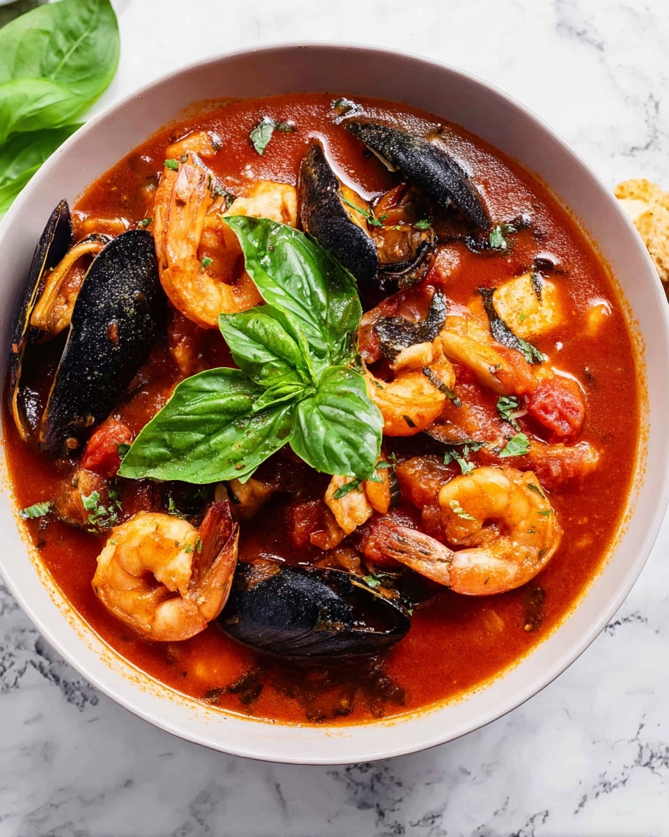 A white bowl filled with rich red tomato seafood stew sits on a white marbled surface. The stew has layers of orange shrimp with curled tails scattered throughout, shell-on black mussels partially open showing the orange inside, chunks of light beige fish, and pieces of red tomato. On top is a bunch of bright green fresh basil leaves placed in the center. The stew looks thick and glossy, with bits of herbs sprinkled in the sauce. Photo taken with an iphone --ar 4:5 --v 7