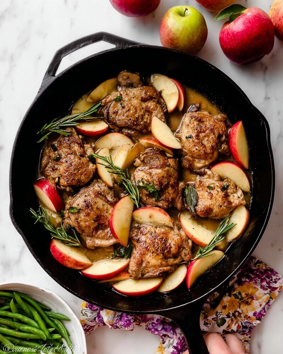 A black cast iron pan filled with six pieces of browned chicken thighs, each piece slightly crispy and seasoned with visible specks of herbs and spices, is mixed with thinly sliced apple wedges in shades of red and pale yellow. The apple slices are scattered evenly between and on top of the chicken. A few sprigs of fresh rosemary add bright green color near the center. The pan sits on a white marbled surface with vibrant whole red and green apples nearby, as well as a woman's hand holding a white bowl with green beans in the bottom left corner. photo taken with an iphone --ar 4:5 --v 7