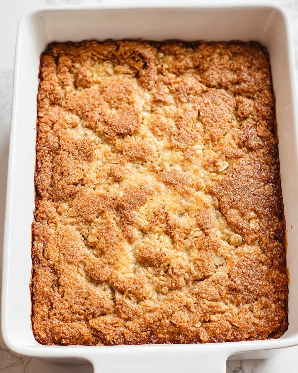 A large white baking dish filled with a baked oatmeal square that has a rough, uneven top layer made of light brown and golden crust with textured, cracked patterns. The edges of the oatmeal are a darker golden brown, showing slight crispiness, while the center is lighter with visible bumps and swirls of cooked oats. The surface looks dry but soft, with some tiny holes and small spots of darker color across. The dish is placed on a white marbled surface. photo taken with an iphone --ar 4:5 --v 7