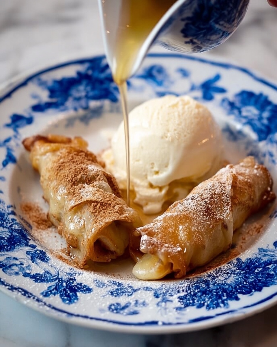 The image shows two golden brown rolled crepes placed side by side on a white plate with blue floral patterns. The crepes have a slightly crispy texture and are sprinkled with cinnamon, giving them a warm brown color on top. To the right of the crepes, there is a scoop of smooth, white vanilla ice cream with a creamy texture, slightly melting onto the plate. Above the crepes, a woman's hand is pouring a light amber syrup over them in a thin stream. The plate sits on a white marbled surface, adding brightness to the scene. photo taken with an iphone --ar 4:5 --v 7