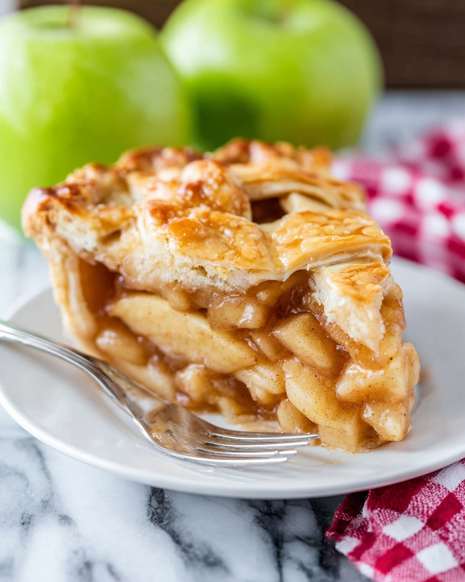 A close-up of a slice of apple pie on a white plate shows three main layers: the golden-brown lattice top crust with a slightly shiny, flaky texture; the middle layer of cooked apple slices coated in a light brown cinnamon sauce, visible through the gaps of the lattice; and the bottom crust, firm and slightly thick, supporting the filling. A silver fork rests on the plate beside the pie. In the background, two green apples add color, and a red and white checkered cloth is partially visible under the plate. The surface below is white marble with soft grey veins. photo taken with an iphone --ar 4:5 --v 7