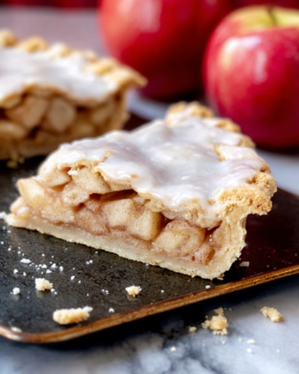 A close-up of a slice of apple pie resting on a dark baking tray, showing a thick, light brown apple filling with visible chunks inside a lightly golden, flaky crust. The pie has a layer of smooth, white icing on top, with small crumbs scattered around the tray. In the background, two red apples sit on a white marbled surface. The overall colors are warm with the pie’s soft tones contrasting with the apples’ bright red hues. Photo taken with an iphone --ar 4:5 --v 7