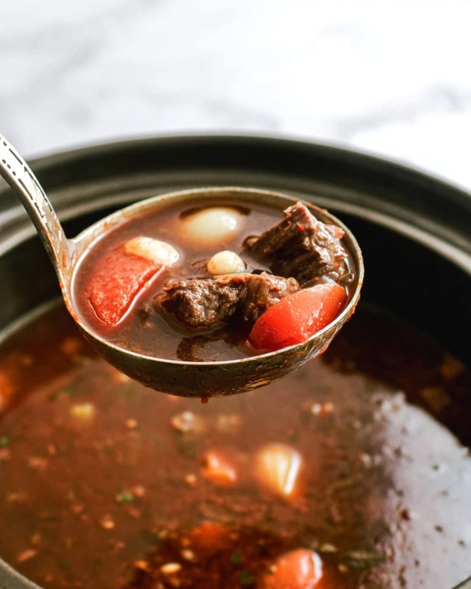 A close-up of a metal ladle holding dark brown beef stew broth with visible chunks of tender beef, large pieces of red tomato, and small white pearl onions. The ladle is held above a dark pot filled with the same stew. The background features a white marbled texture, making the rich colors of the stew stand out clearly. Photo taken with an iphone --ar 4:5 --v 7