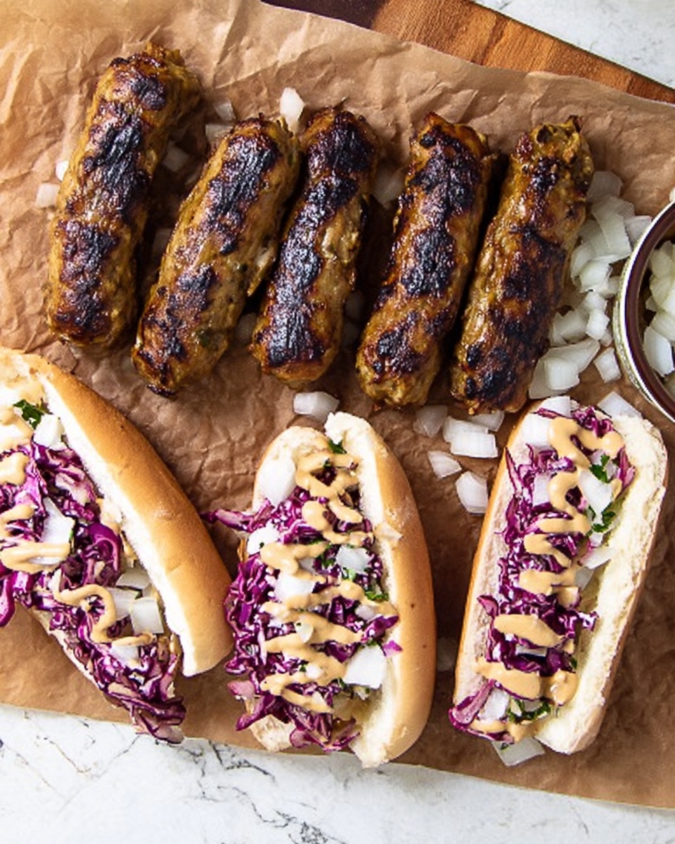 The image shows four grilled, charred sausages with a rough texture placed on brown parchment paper, sprinkled with pieces of chopped white onion around them. Next to the sausages are two white sandwich buns opened wide, each filled with a layer of chopped red cabbage and white onion mix, topped with drizzles of light brown sauce. Everything is on a white marbled surface. The photo taken with an iphone --ar 4:5 --v 7