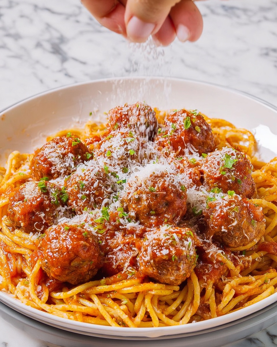 A white plate filled with a bed of cooked spaghetti noodles, light orange in color from the tomato sauce coating them. On top, there are seven brown meatballs evenly spaced, covered with thick red tomato sauce. The meatballs and noodles are sprinkled generously with white grated cheese, and small green herb pieces are scattered on top for garnish. A woman's hand is seen above the plate, sprinkling a final touch of cheese. The dish sits on a white marbled surface. photo taken with an iphone --ar 4:5 --v 7
